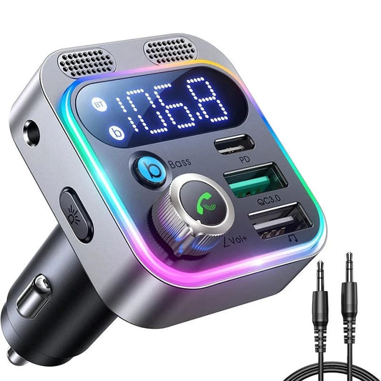 Bluetooth 5.3 FM Transmitter for Car with Dual Microphones, Deep Base Boost, and Lightning Fast Charging