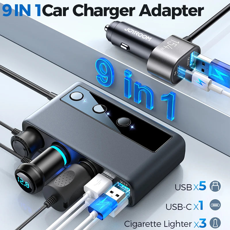 154W 9 in 1 Tri-Socket Fireproof Car Charger Adapter