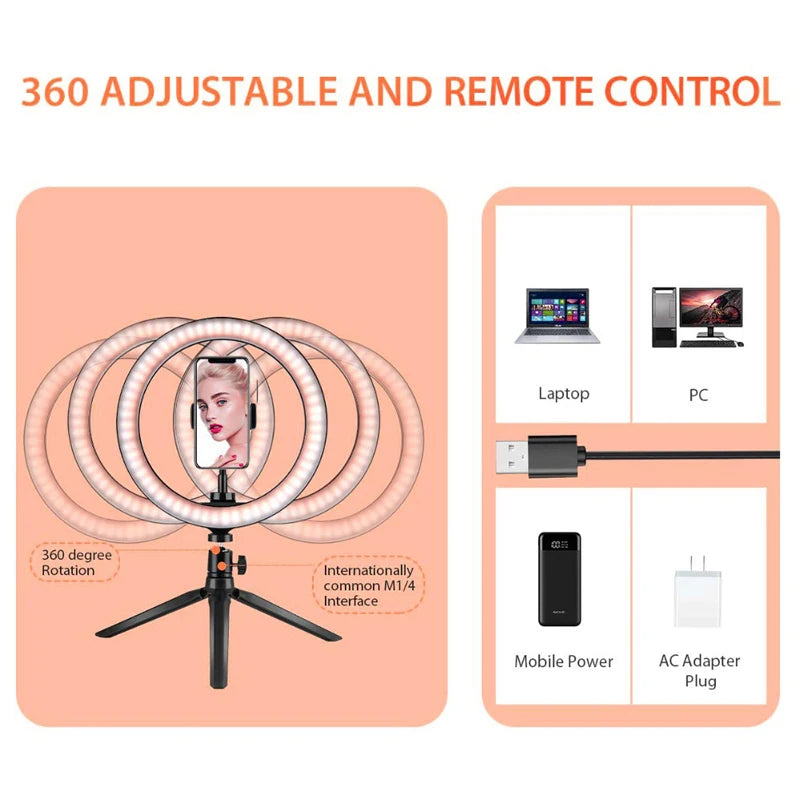 LED Dimmable Selfie Ring Light with 50cm Tripod & Remote Control