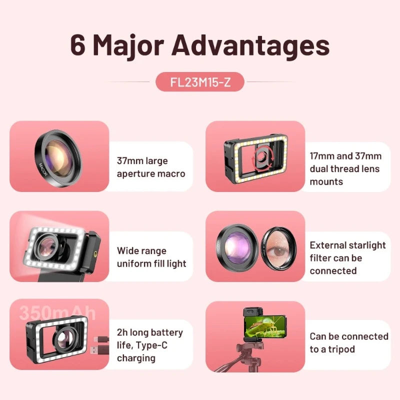 4K HD 15X Macro Lens with LED Fill Light for Smartphones