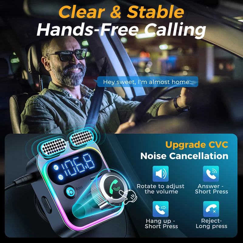 Bluetooth 5.3 FM Transmitter for Car with Dual Microphones, Deep Base Boost, and Lightning Fast Charging