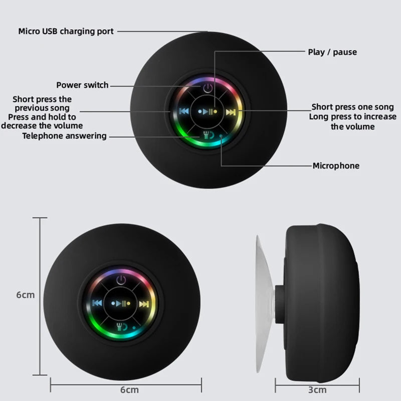 Waterproof Bathroom Audio Wireless Bluetooth Shower Speakers with RGB Lighting