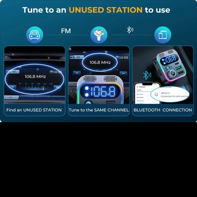 Bluetooth 5.3 FM Transmitter for Car with Dual Microphones, Deep Base Boost, and Lightning Fast Charging