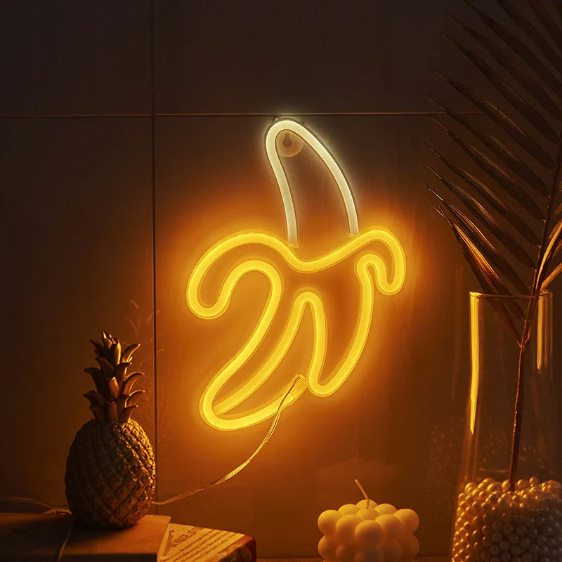 Playful LED Neon Light Fixtures: Banana, Cherries, and Hearts