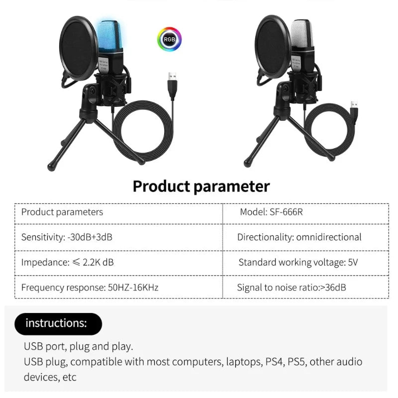 USB Wired Noise Reduction RGB Condenser Mic with Tripod Stand