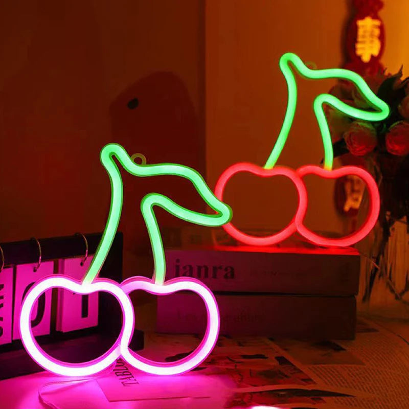 Playful LED Neon Light Fixtures: Banana, Cherries, and Hearts