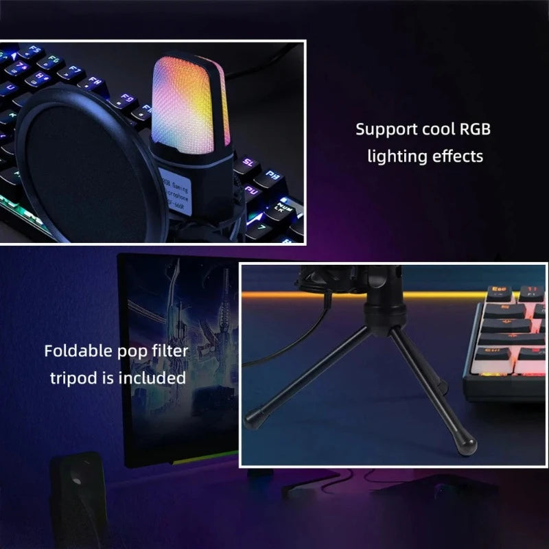 USB Wired Noise Reduction RGB Condenser Mic with Tripod Stand