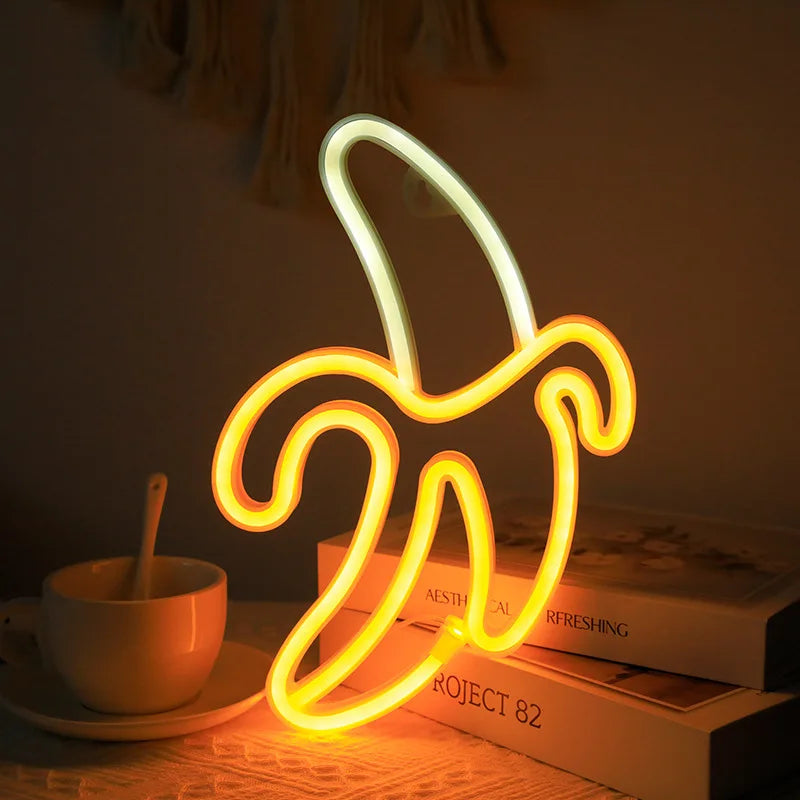 Playful LED Neon Light Fixtures: Banana, Cherries, and Hearts