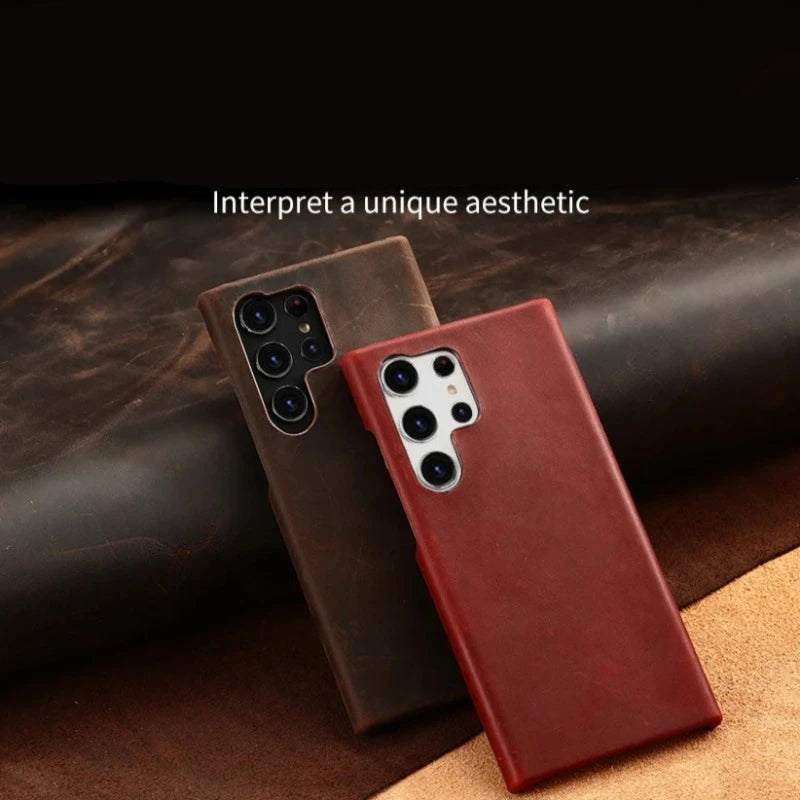 Retro Cowhide Genuine Leather Phone Case For Samsung Galaxy