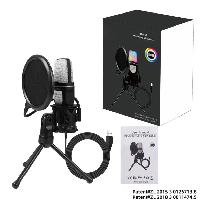 USB Wired Noise Reduction RGB Condenser Mic with Tripod Stand