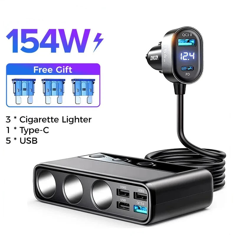 154W 9 in 1 Tri-Socket Fireproof Car Charger Adapter