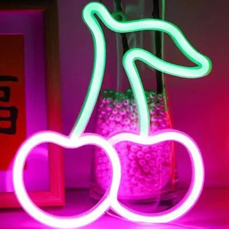 Playful LED Neon Light Fixtures: Banana, Cherries, and Hearts