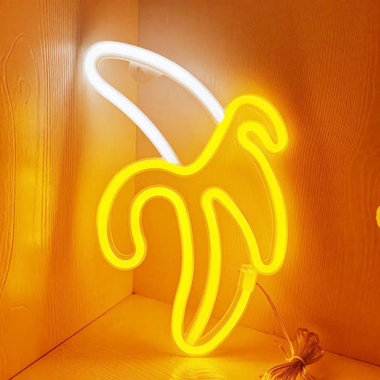 Playful LED Neon Light Fixtures: Banana, Cherries, and Hearts