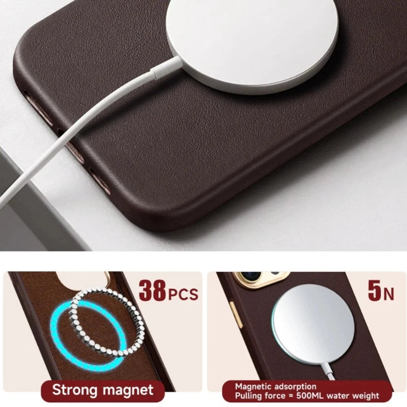 Nappa Leather Magsafe Case for iPhone with Tempered Glass Screen Protector