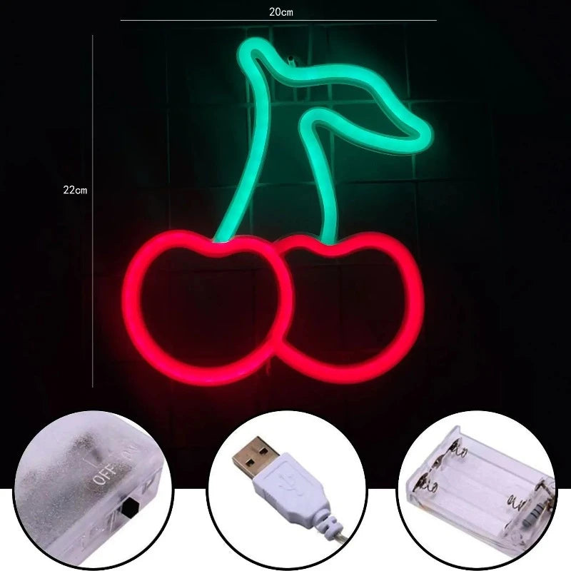 Playful LED Neon Light Fixtures: Banana, Cherries, and Hearts