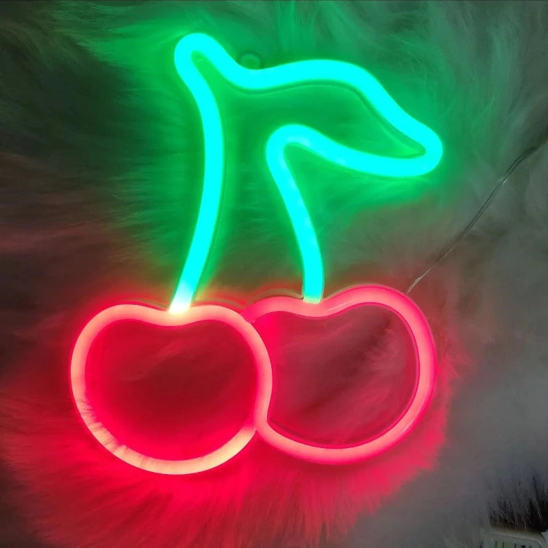 Playful LED Neon Light Fixtures: Banana, Cherries, and Hearts