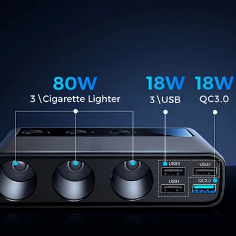 154W 9 in 1 Tri-Socket Fireproof Car Charger Adapter