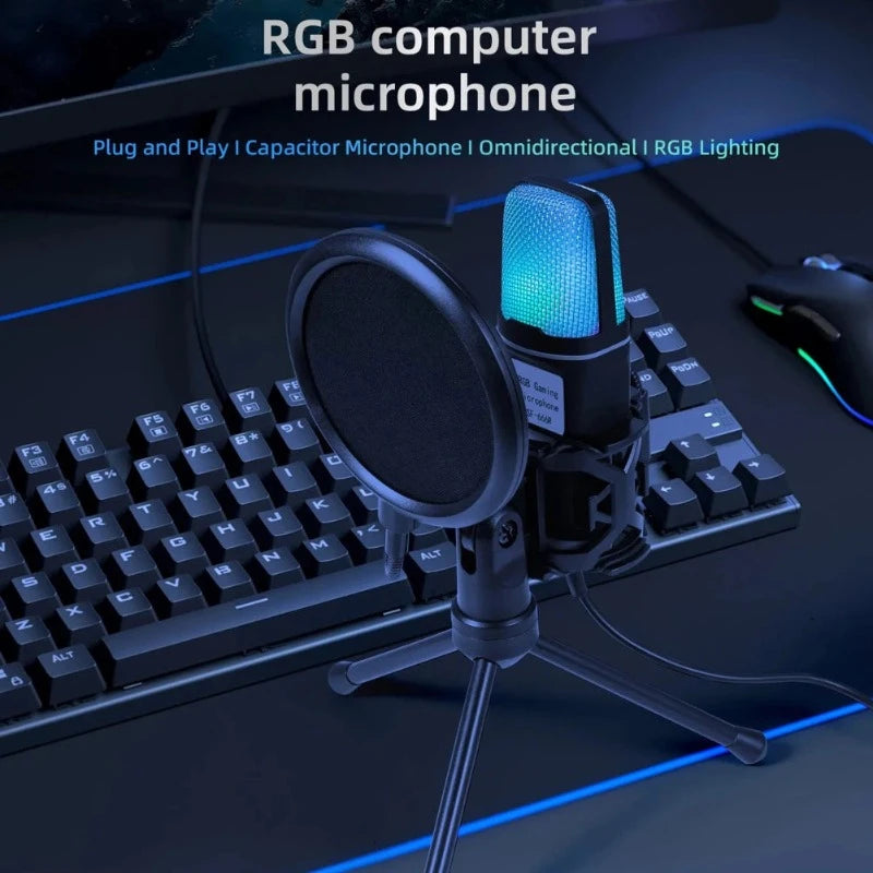 USB Wired Noise Reduction RGB Condenser Mic with Tripod Stand