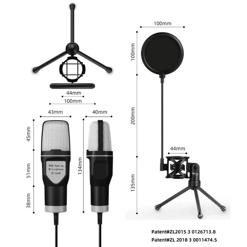 USB Wired Noise Reduction RGB Condenser Mic with Tripod Stand