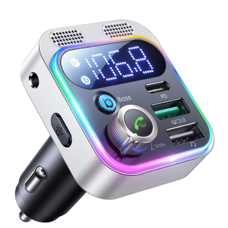 Bluetooth 5.3 FM Transmitter for Car with Dual Microphones, Deep Base Boost, and Lightning Fast Charging