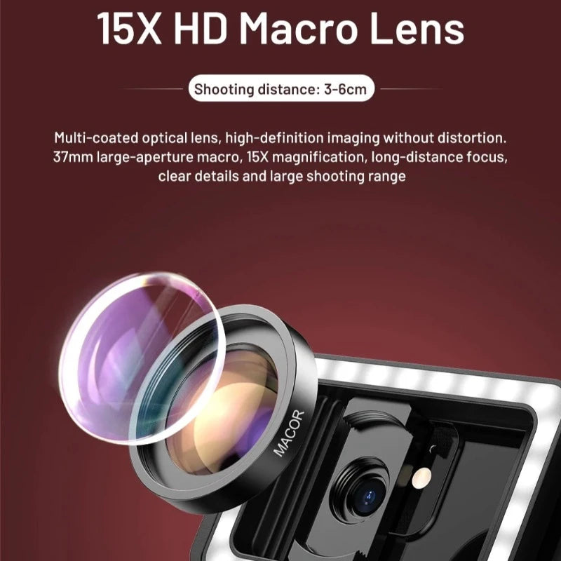 4K HD 15X Macro Lens with LED Fill Light for Smartphones